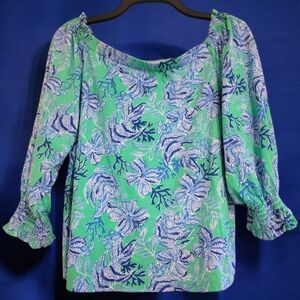 Lilly Pulitzer Lessa Off The Shoulder Top, Cabana Green, Keepin It Reel (Size M)